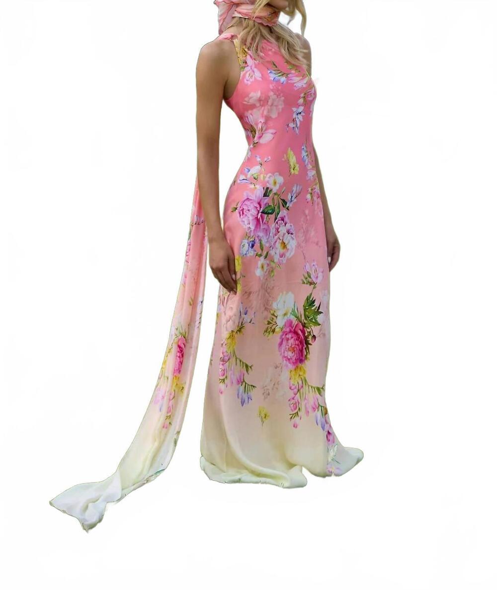 NEW HEMANT & NANDITA avya one shoulder sash dress in pink multi - Picture 3 of 10
